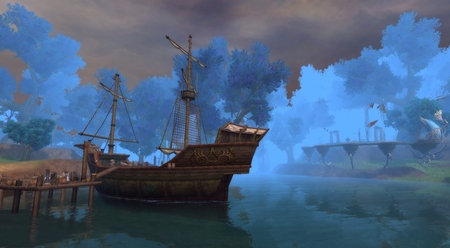 Forsaken World scene - water, game, ship, tree, scene, sea, forsaken world