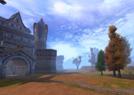 Forsaken World scene - forsaken, game, world, scene, fence, tree, castle