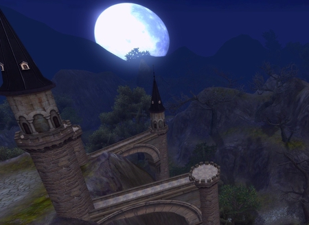 Forsaken World scene - moon, game, forsaken world, blue, scene, night, forest, tree, climbs, mountains, castle, sky