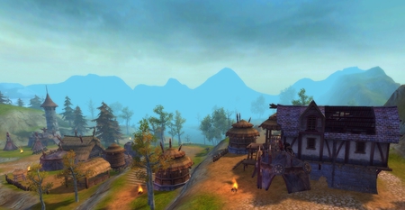 Forsaken World, scene - house, game, forsaken world, blue, scene, mountain, tree, fire, cottage, sky