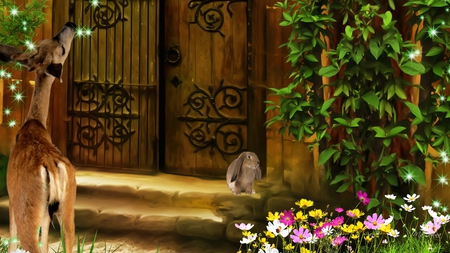 Friends at the Door - rabbit, bunny, church, stars, steps, flowers, door, deer, wild flowers