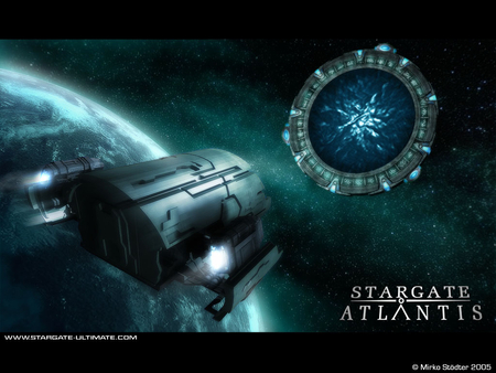 stargate atlantis - planet, portal, shuttle, stars, gas cloud