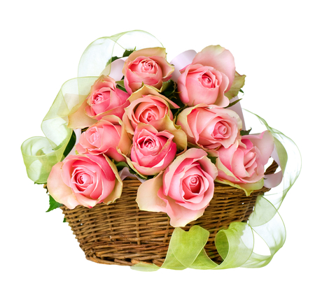 Roses - beauty, roses, photography, delicate, bouquet, basket, rose, still life, with love, white, pretty, valentines day, romance, holiday, ribbon, harmony, love, soft, valentine, for you, lovely, nature, i love you, romantic, pink, beautiful, sweet, colors, flowers, flower, elegantly