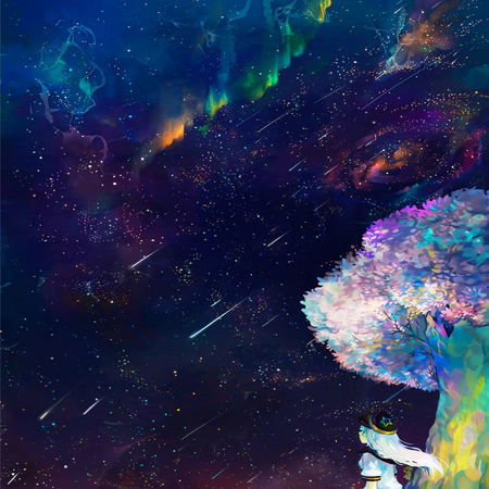 Dreams and Wishes - sky, shooting stars, abstract, girl, night, aurora, tree, galaxies