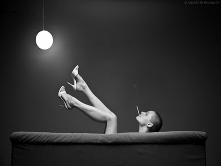 Late at night when everyone is dreaming - black and white, smoking, night, woman