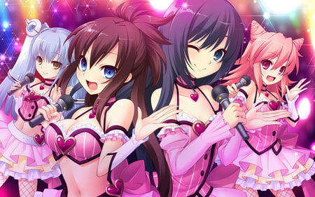 Prismatic Princess Union Stars - fun, anime, dress, pigtails, long hair, happy, party, girls, short hair, prismatic princess union stars, lights, dance