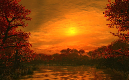 Sunset over the lake - clouds, trees, sunset, red sky, over, plants, lake, sun