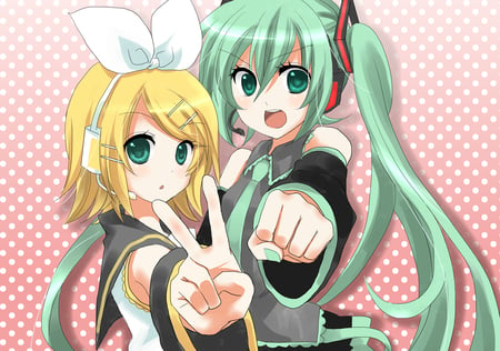 Hatsune Miku & Kagamine Rin - aqua, headset, music, anime girl, white, amazing, art, blonde hair, yellow, cool, aqua eyes, artistic, hatsune miku, kagamine rin, song, stunning, vocaloids, program, vocaloid, beautiful, uniform, diva, beauty, nice, polka dots, twintail, singer, aqua hair, black, virtual, pretty, rin, idol, anime, miku, cute, twin tail, girl, cg, hatsune, microphone, blue, headphones, awesome, digital, kagamin, outfit, blonde