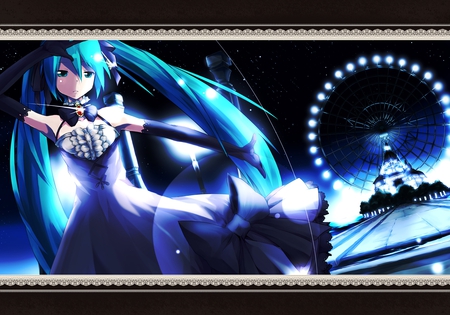 Endless Night - virtual, miku, digital, vocaloids, ride, song, night sky, singer, cool, awesome, anime, twintail, ferris wheel, cg, stunning, aqua hair, carnival, hatsune, black, cute, beautiful, amazing, girl, anime girl, white, light, queen, program, aqua eyes, artistic, pretty, glow, aqua, beauty, night, dress, art, diva, twin tail, sky, nice, amusement park, idol, princess, music, hatsune miku