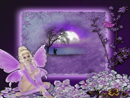 PURPLE MOONLIT FAIRY - flowers, moon, female, purple, fairy, lovers