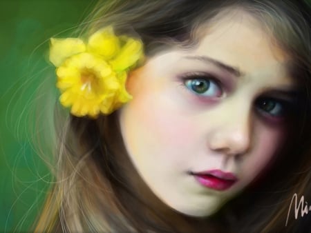 Angel - girl, angel, yellow, eyes, beautiful, daffodil, charming, flower