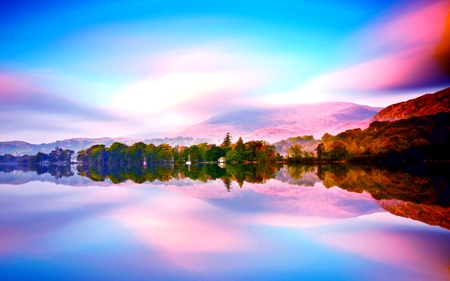 REFLECTIONS - trees, lake, reflection, mountain, sky