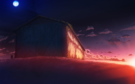 Day & Night - anime, amazing, scene, night, light, hd, field, sky, sun, clouds, house, moon, ray, beautiful, digital art, simple, lovely, cool, pleasure, digital painting, cg, fantasy, nature, sunset, cloud, 3d