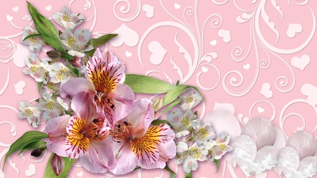 Orchids and Hearts - sakura, valentines day, pink, apple blossoms, leaves, flowers, orchids, hearts, swirls