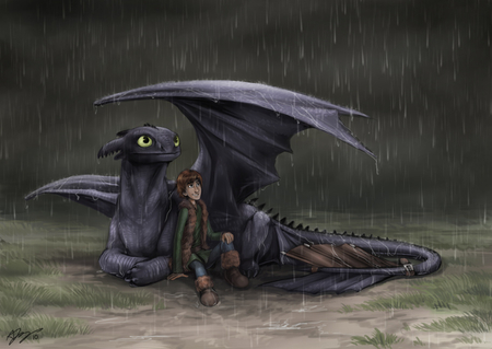 Friends Help Us Through Hard Times - love, rain, boy, dragon, friendship, care