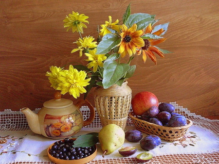 Still life - flowers, vase, pretty, plums, nice, lovely, fruits, still life