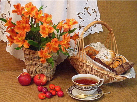 Still life - nice, yummy, fruits, tea, basket, still life, berries, lovely, pretty, orange, tea time, flowers, deliciuos