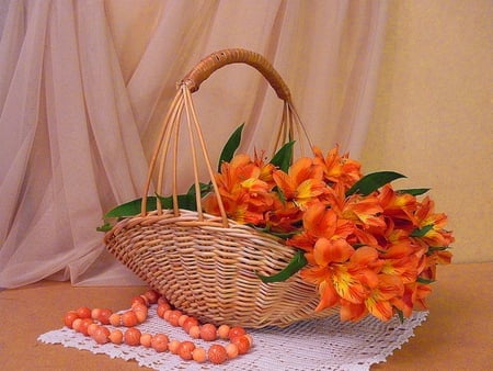 Still life - pearls, nice, necklace, basket, still life, lovely, curtain, pretty, orange, flowers