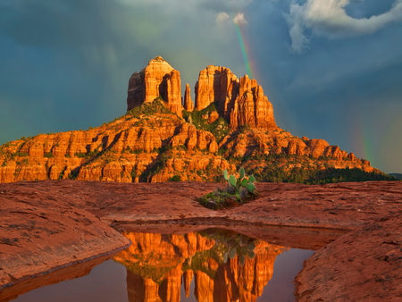 Unusual rock formations - red, rocks, unusual, cactus, formation, sky, reflection, clouds, nature