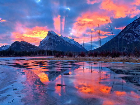 Red sky reflection - sky, ocean, mountain, reflection, clouds, red, orange, waters, sea