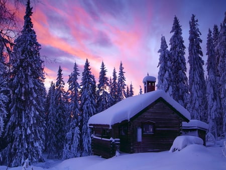 Winter cabin - sky, hills, trees, winter, nature, covered, clouds, blue, snow, beautiful, house, frozen, cabin