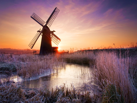 Mill at sunrise - sunshine, sky, sunlight, water, mill, creek, nature, clouds, orange, sunrise, sun stream