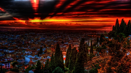 Red City Skyscape - vibrant, sunset, vivid, surreal, beautiful, hdr, blazing, bold