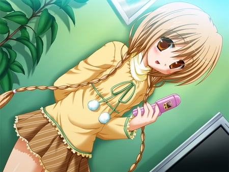 Miori Hinata - telephone, brown, yellow, miori hinata, anime girl, clover point