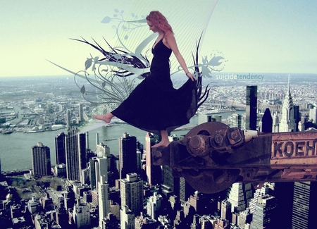 Flight over city - girl, city, high, sky