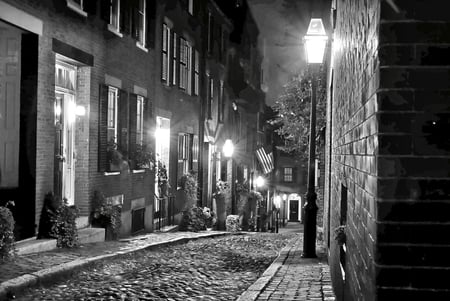 Cobblestone lane in black and white - black and white, cobblestone, night, lane