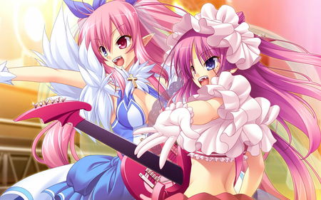 Prismatic Princess Union Stars - anime, dress, long hair, girls, music, guitar, prismatic princess union stars, twins, sister