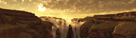 Rocky waterfall - rocky, waterfall, yellow, dual monitor, cloudy