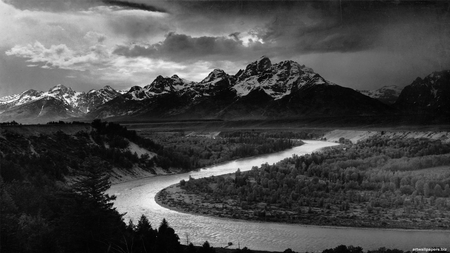 River by ansel adams - black and white, mountains, ansal adams, river