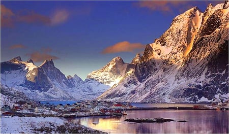 Mountain Lake - water, blue, hot, snow, gold, mountain, lake, sun, sky