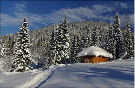 Mountain Cabin - clouds, trees, blue, cold, snow, sky