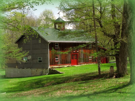 Red House - red, house, trees, grass