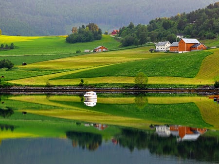 Charming Landscape - houses, trees, landscape, serene, field, lovely, ship, beautiful, green, charming