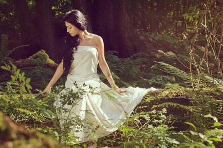 Beauty in the Forest - white, beauty, sitting, lady, lonely, forest, green, lovely