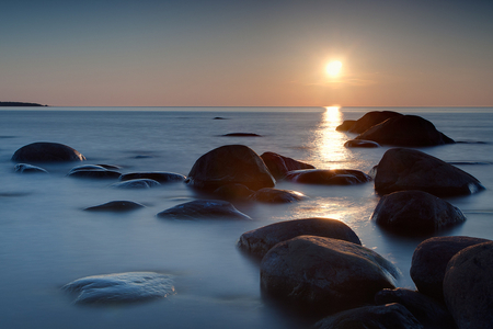 Sunset - blue, image, sea, beauty, sunsets, glow, nature, picture, hdr, background, sun, rocks