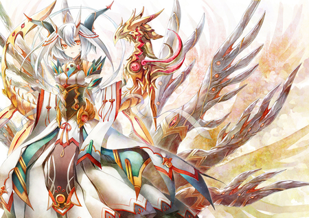 Armor Phonenix Warrior - anime girl, female, warrior, hot, cool, white hair, horns, armor, japanese clothes, mecha phonenx, armor phonenix warrior, sexy