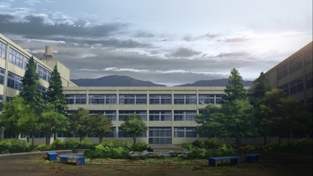 Another - School - sky, trees, mountain, clouds, school, garden