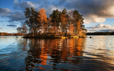 Stuck in the Middle - clouds, water, autumn, island, reflection, tree, sky