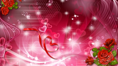 Roses of Love - stars, silk, ribbons, bubbles, shine, glow, hearts, valentines day, red roses