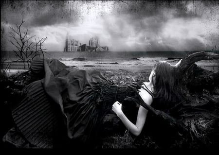 FANTASYGIRL IN BLACK - fantasy, girl, bw, fairy tale, dark, castle