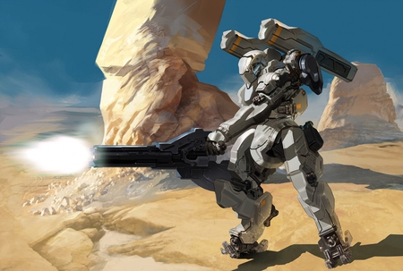 mech - firing, rock formations, weapon, blue sky, sand, robot