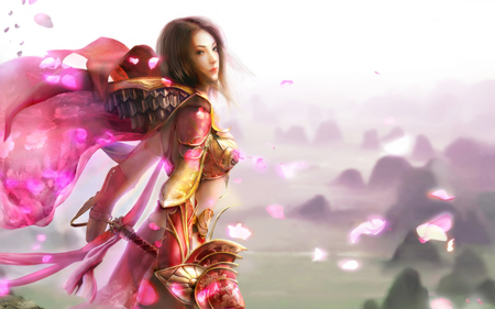 Warrior Princess - female, warrior, china girl, armor, petal, princess, anime girl, brave, cherry blossom, hot, sword, beauty, cool, sweet, warrior princess, smile, sexy