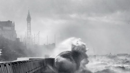 storm battering boardwalk in black and white - black and white, seaside, wave, storm