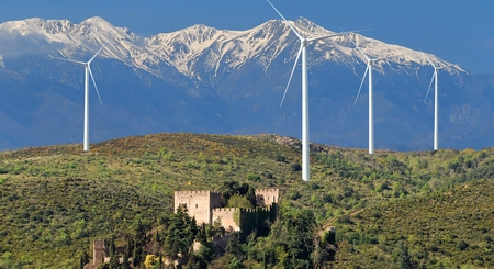 castle in the wind - windmills, mountains, castle, power