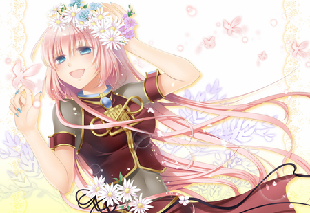 Megurine Luka - anime, megurine luka, long hair, flower, petals, happy