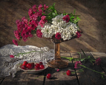 still life - iberis, lace, flowers, still life, vase